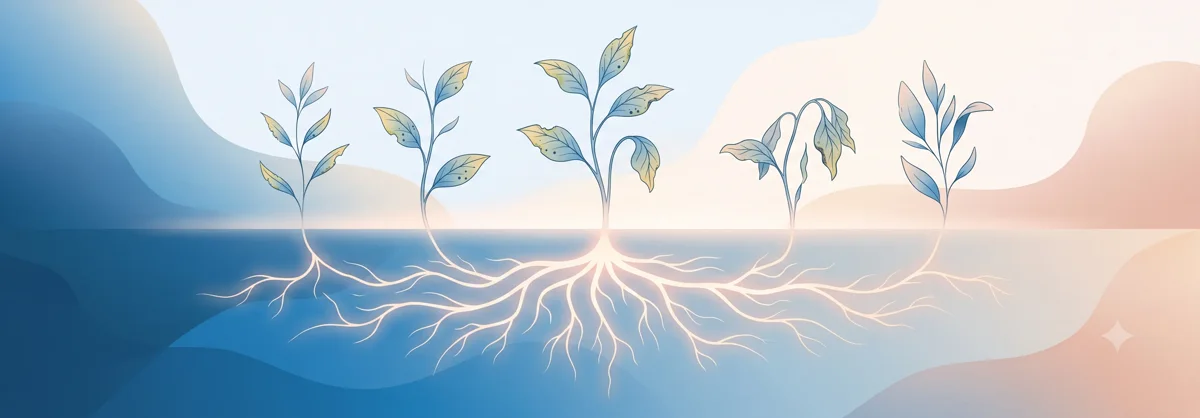Leaves showing visible symptoms, connected to a shared root system below