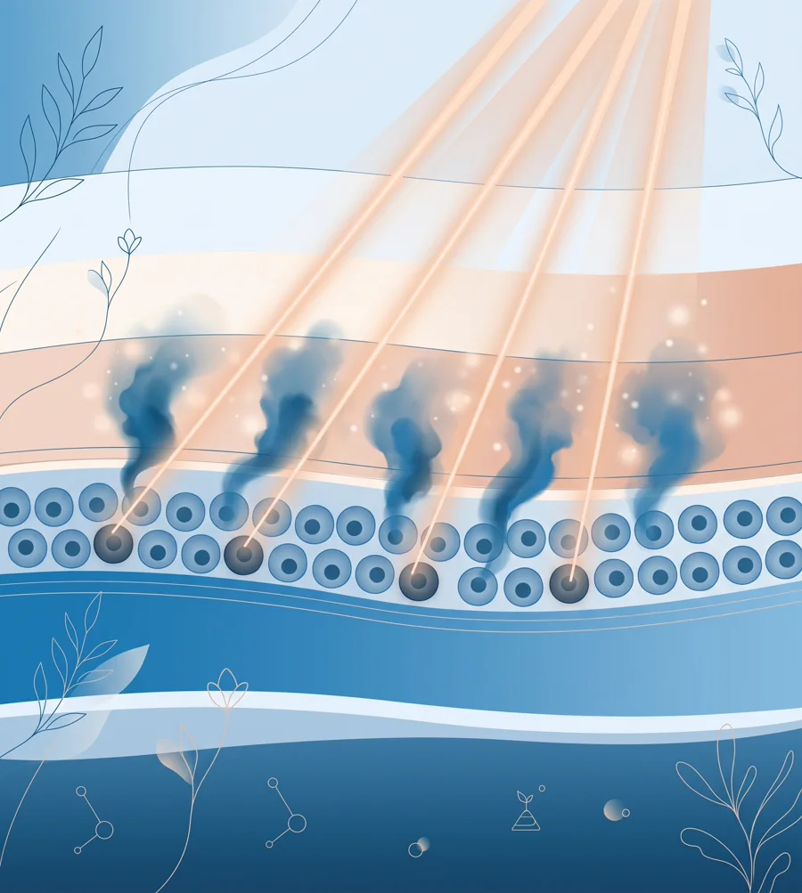 UV rays penetrating skin layers to reach melanocyte cells, which activate and release pigment upward