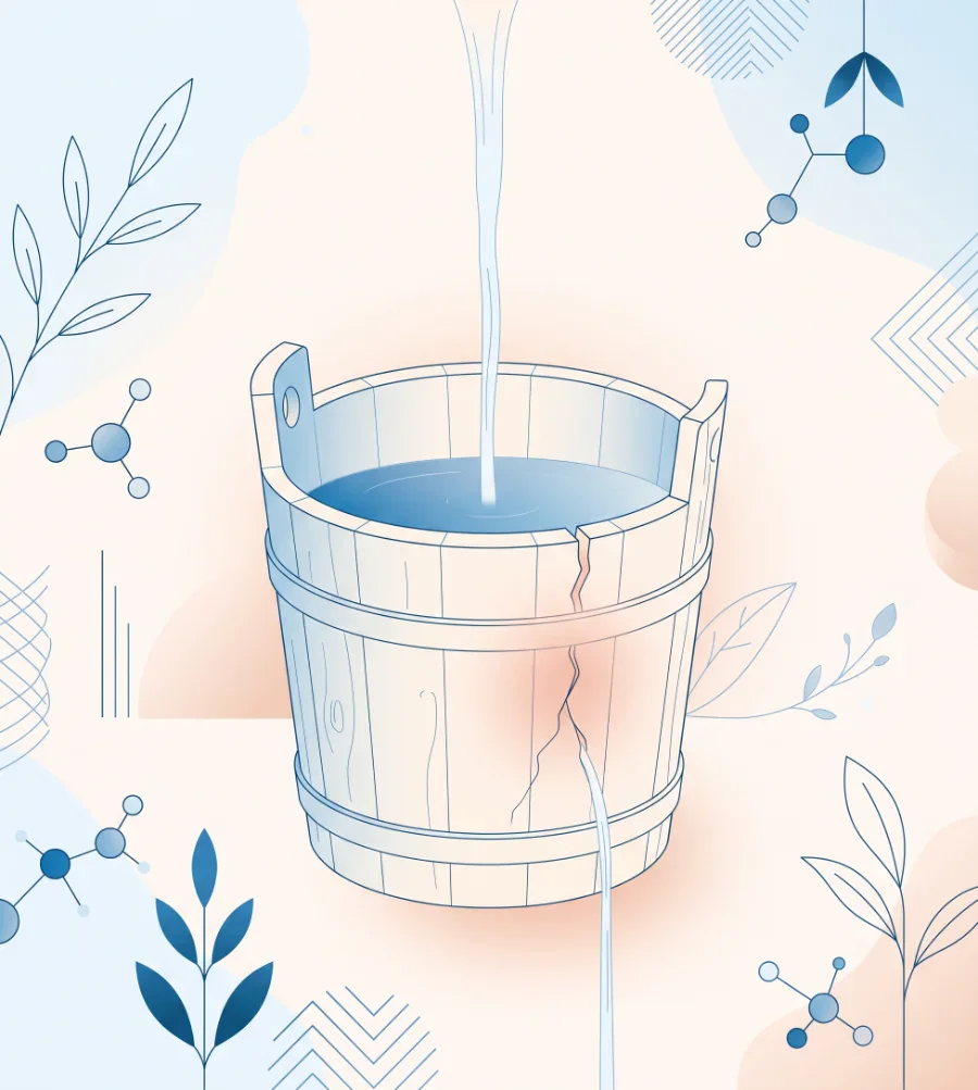 A wooden bucket with water pouring in from above and leaking out through a crack in the side
