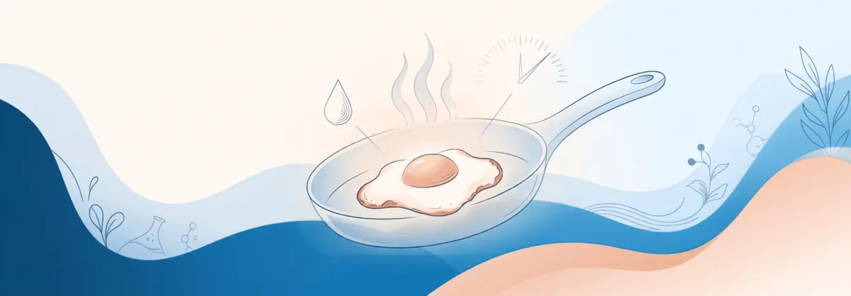 A fried egg with heat, oil, and time indicators, representing three different causes of the same result